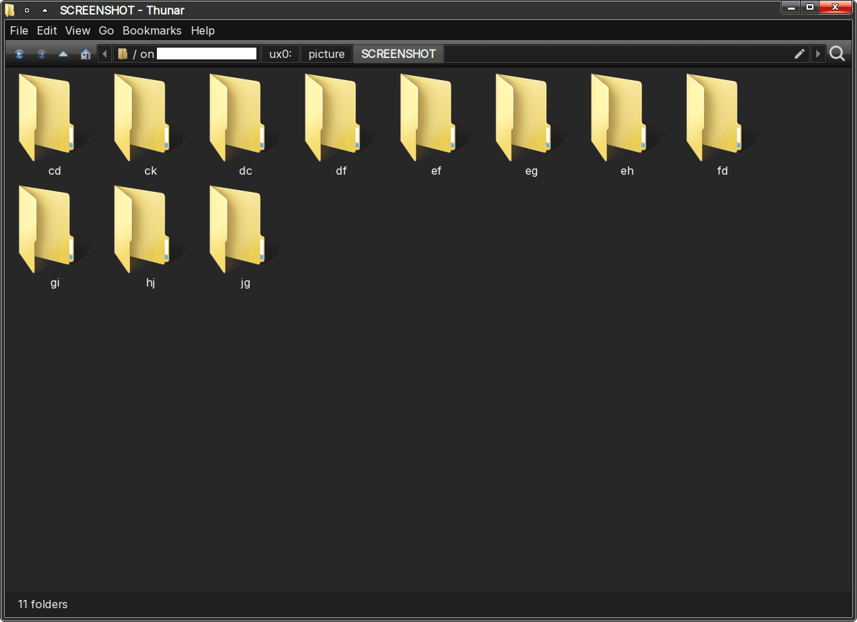 Screenshots are randomly stored in such folders (i.e. you'll find 2 screenshots in the first folder, 1 in the second, 3 in the third, so on and so forth). If you've accumulated a lot of screenshots, you have a lot more directories like this.